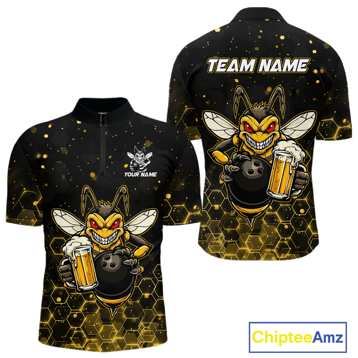 Custom Funny Beer Bee Bowling Jersey for Men Bowling Team Shirts Polo & 1/4 Zip HNT191