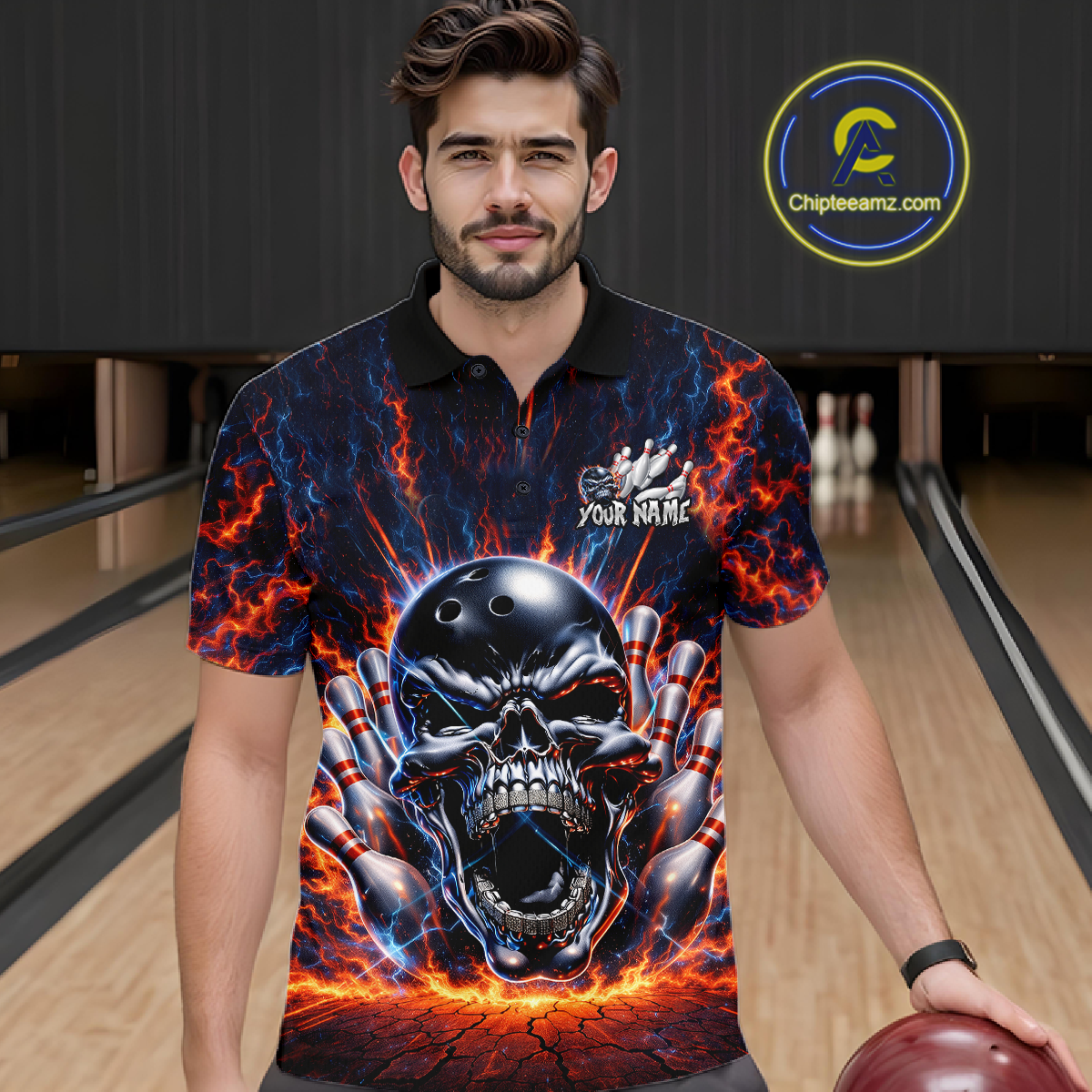 Custom Skull Bowling Jersey for Men - Flaming Strike Personalize Bowling Team Shirt Polo & 1/4 Zip HNT215