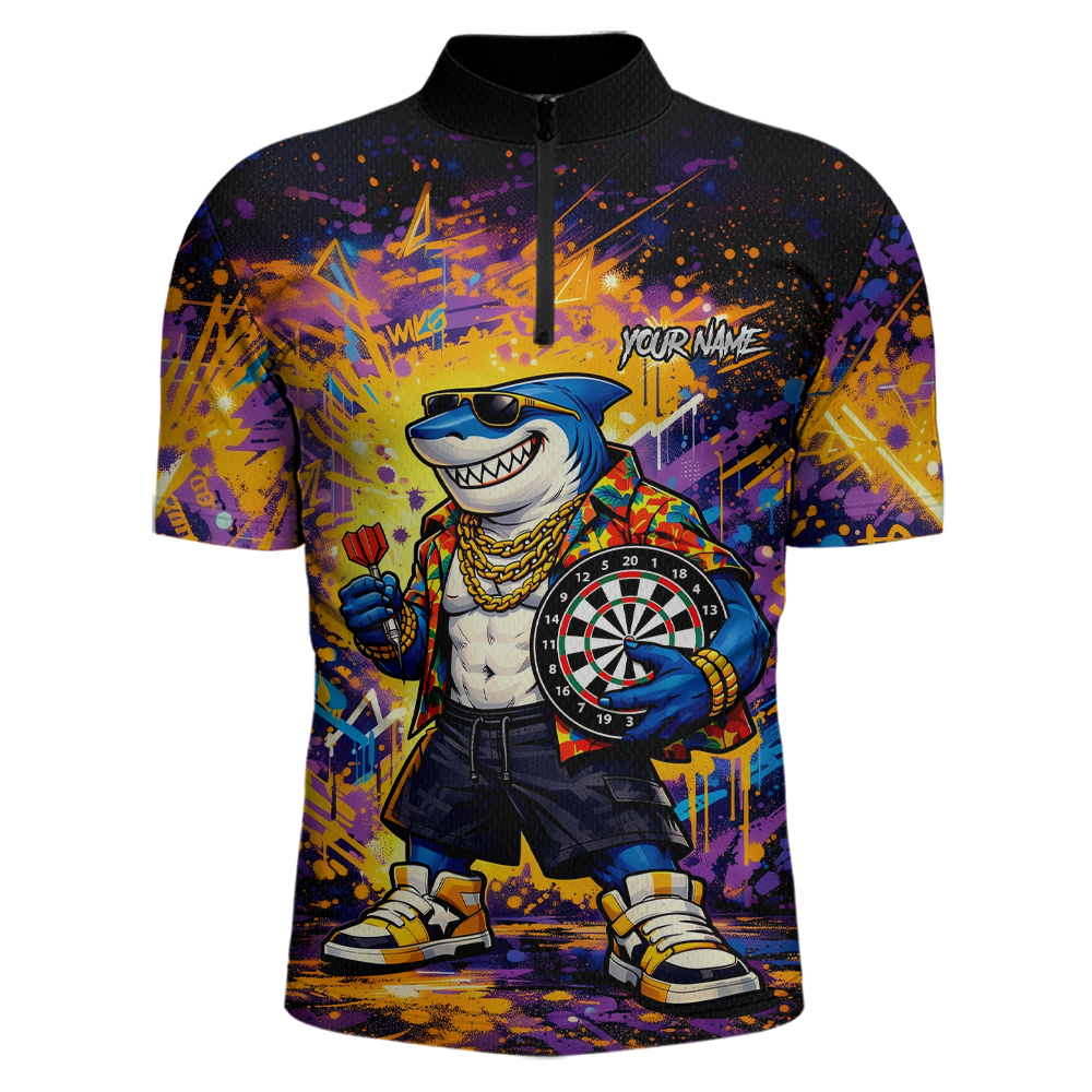 Custom Funny Shark Dart Shirts for Men Darts Team Jerseys Dart Tournament Polo & 1/4 Zip NNT136