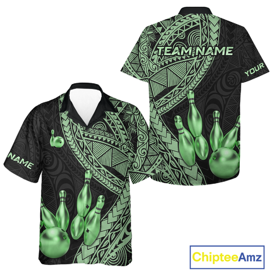 Custom Green Tribal Hawaiian Bowling Jersey for Men Women Bowling Team Shirts Bowling League HNT225