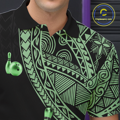 Black and Green Tribal Pattern Bowling Jersey for Men Bowling Uniform Bowling Team Shirts HNT225