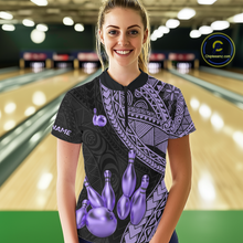 Load image into Gallery viewer, Black and Purple Tribal Pattern Bowling Jersey for Women Bowling Uniform Bowling Team Shirts HNT225