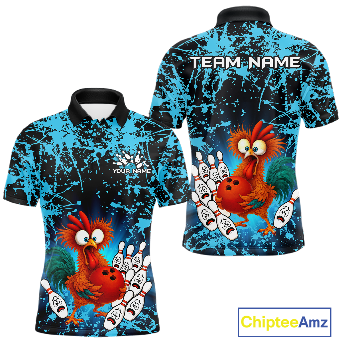 Turquoise Funny Chicken Bowling Jersey for Men Bowling League Bowling Team Shirts Polo & 1/4 Zip HN232