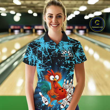 Turquoise Funny Chicken Bowling Jersey for Women Bowling League Bowling Team Shirts Polo & 1/4 Zip HN232