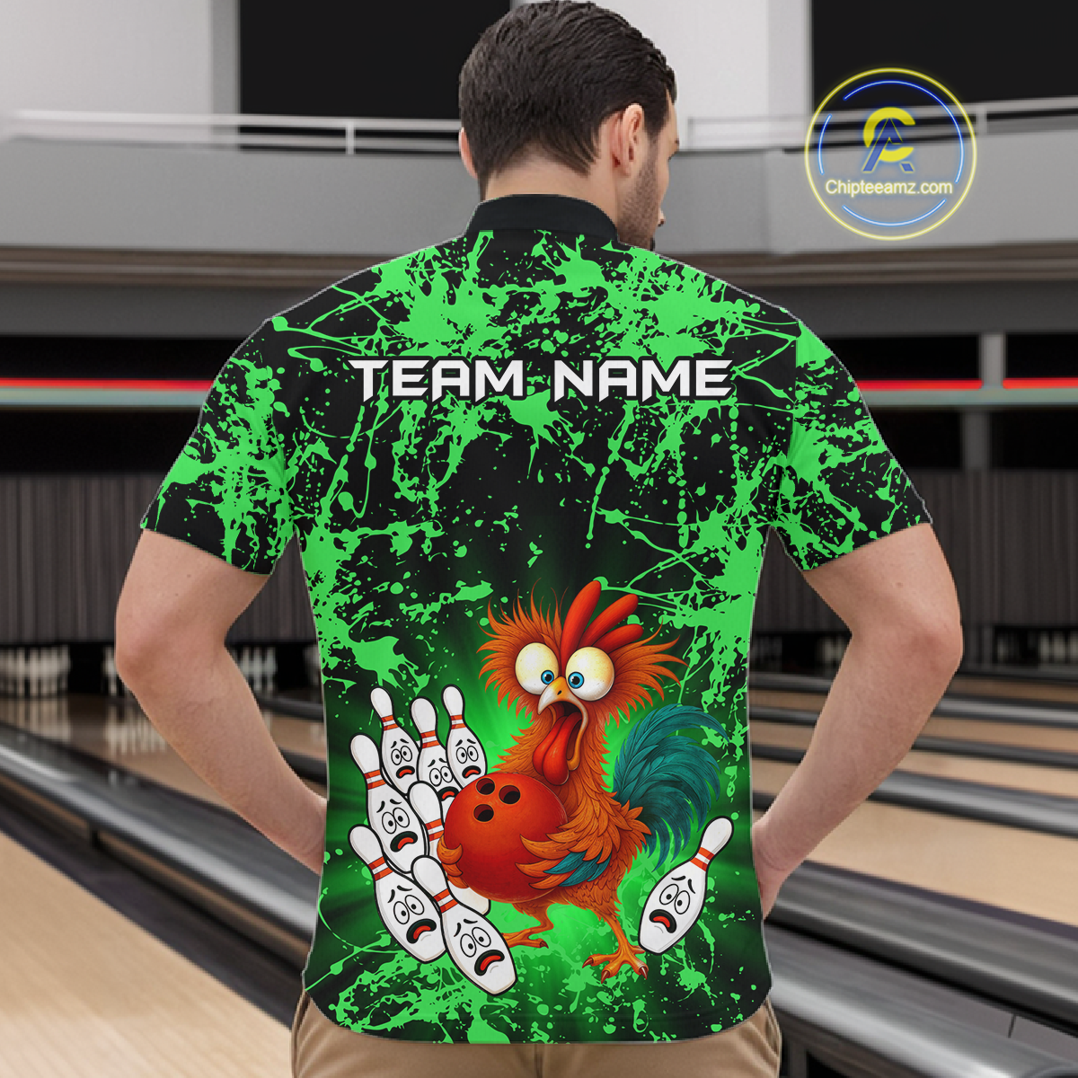 Green Funny Chicken Bowling Jersey for Men Bowling League Bowling Team Shirts Polo & 1/4 Zip HN232