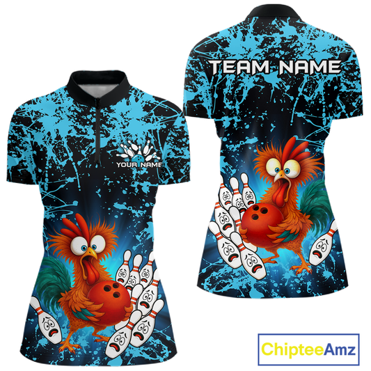 Turquoise Funny Chicken Bowling Jersey for Women Bowling League Bowling Team Shirts Polo & 1/4 Zip HN232