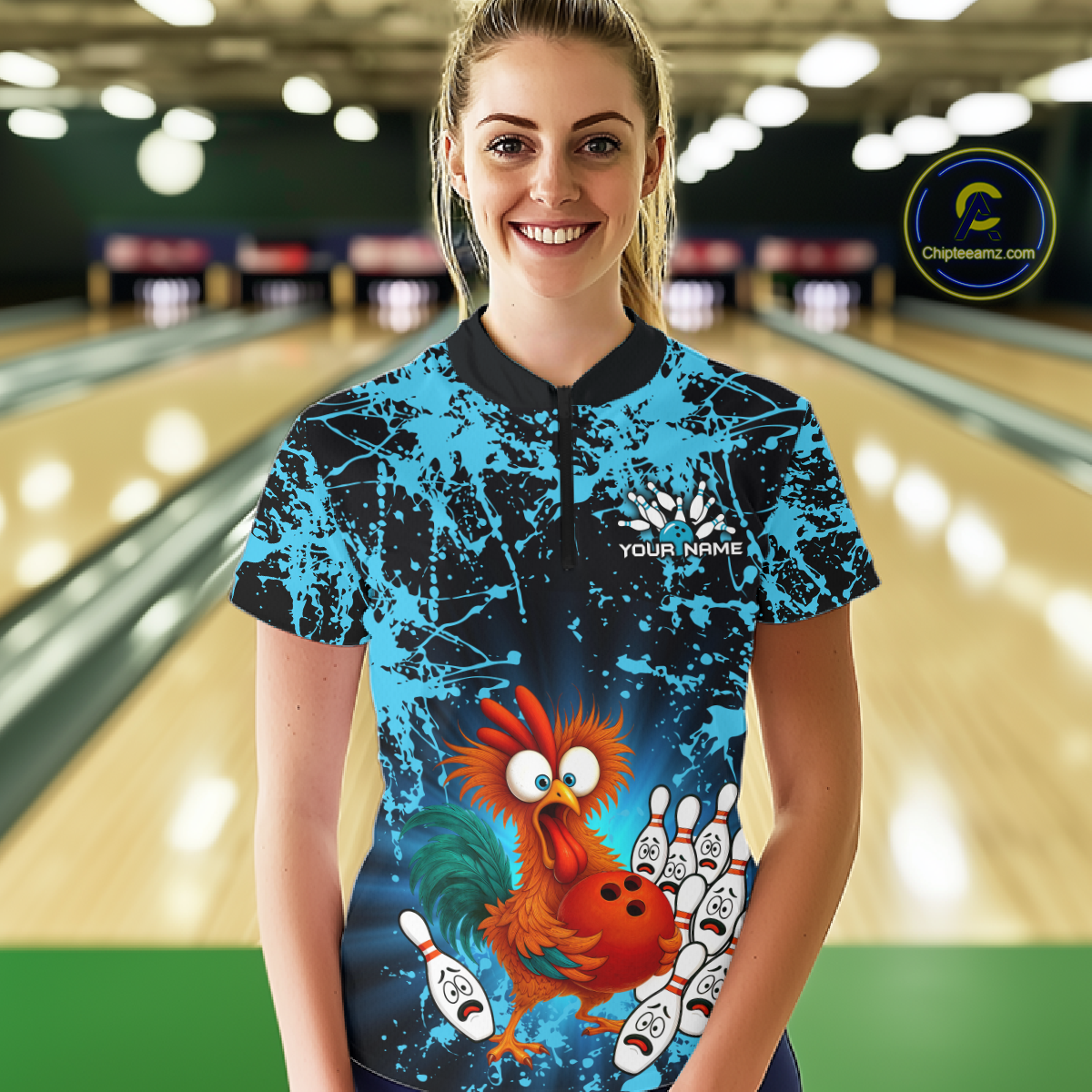 Turquoise Funny Chicken Bowling Jersey for Women Bowling League Bowling Team Shirts Polo & 1/4 Zip HN232