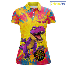 Load image into Gallery viewer, Front darts polo shirt featuring a purple dinosaur holding a dartboard within a bright colorful paint splatter background.