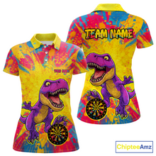 Load image into Gallery viewer, Front and back darts polo shirt featuring a purple dinosaur holding a dartboard within a bright colorful paint splatter background.