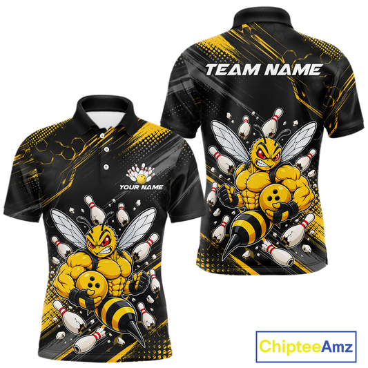Front and back bowling polo shirt featuring a muscular bee holding a bowling ball surrounded by pins on black yellow background.