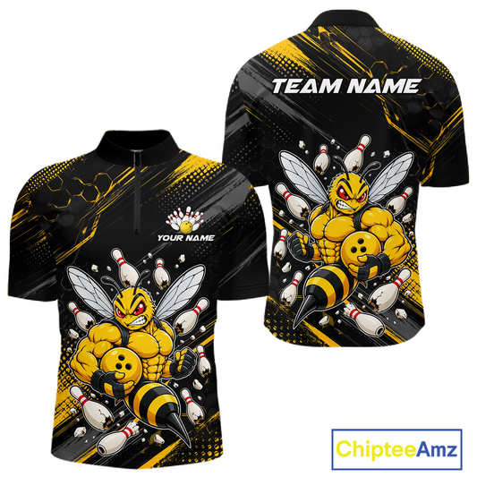Front and back bowling quarter zip shirt featuring a muscular bee holding a bowling ball surrounded by pins on black yellow background.