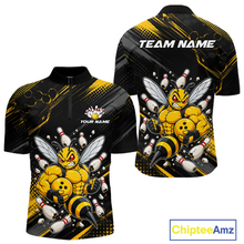 Load image into Gallery viewer, Front and back bowling quarter zip shirt featuring a muscular bee holding a bowling ball surrounded by pins on black yellow background.