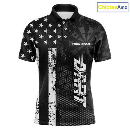 Front darts polo shirt featuring dartboard patterns layered with american flag graphics and geometric details on a black background.