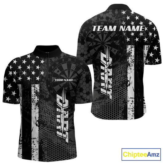 Front and back darts quarter zip shirt featuring dartboard patterns layered with american flag graphics and geometric details on a black background.