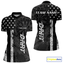 Load image into Gallery viewer, Front and back darts quarter zip shirt featuring dartboard patterns layered with american flag graphics and geometric details on a black background.