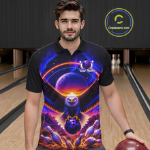 Load image into Gallery viewer, Man wearing a black bowling polo with a eagle, glowing planet backdrop, bowling pins, and custom player name text.