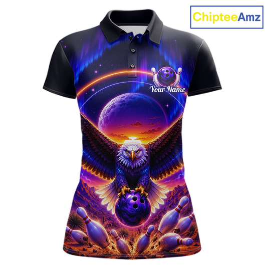 Front views of a black bowling polo with a eagle, glowing planet backdrop, bowling pins, and custom player name text.