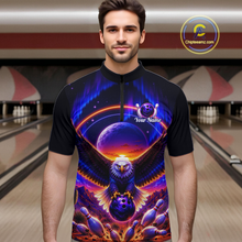 Load image into Gallery viewer, Man wearing a black bowling quarter zip with a eagle, glowing planet backdrop, bowling pins, and custom team and player name text.