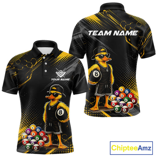 Front and back billiards polo shirt featuring a duck holding an eight ball with colorful pool balls arranged on a black yellow background.