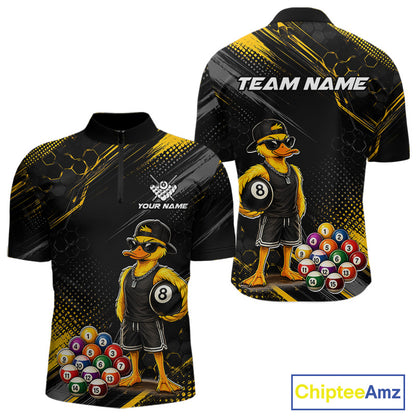 Front and back billiards quarter zip shirt featuring a duck holding an eight ball with colorful pool balls arranged on a black yellow background.