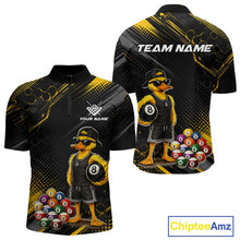 Load image into Gallery viewer, Front and back billiards quarter zip shirt featuring a duck holding an eight ball with colorful pool balls arranged on a black yellow background.