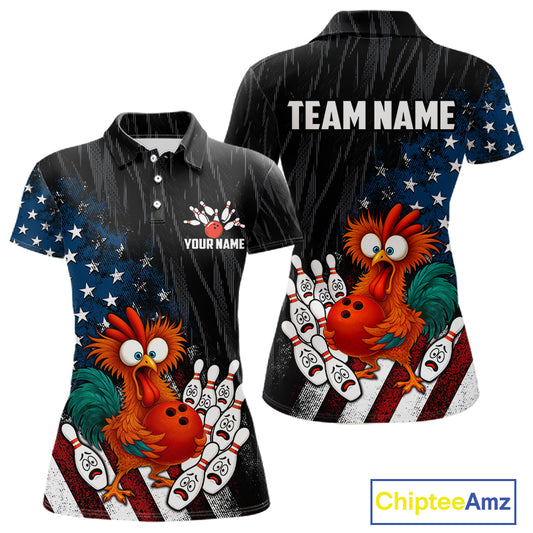 Custom American Flag Funny Chicken Bowling Jersey for Women Bowling Team Shirts Polo & 1/4 Zip HNT475