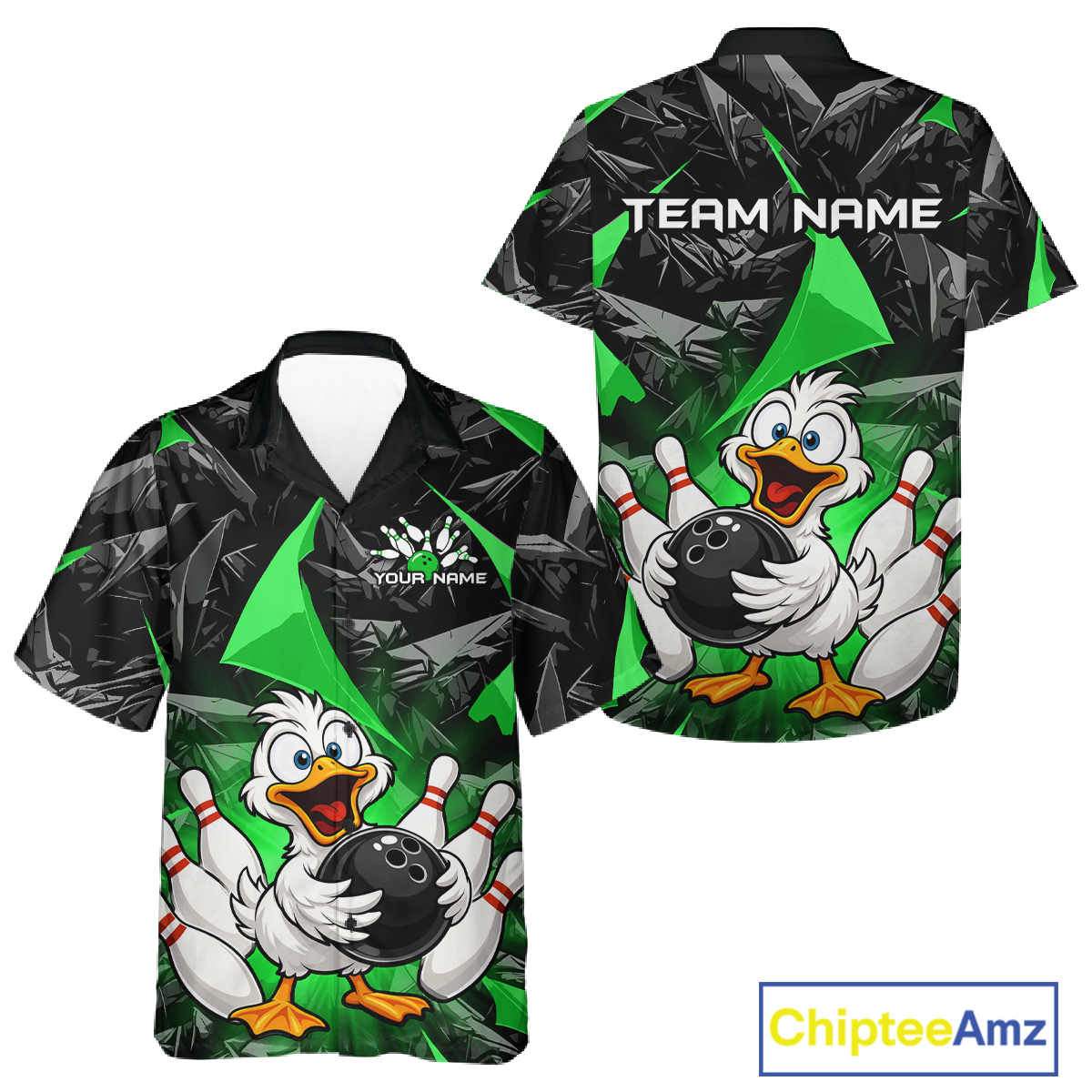Custom Green Funny Duck Hawaiian Bowling Jersey Bowling Team Shirts Bowling Uniform HNT233