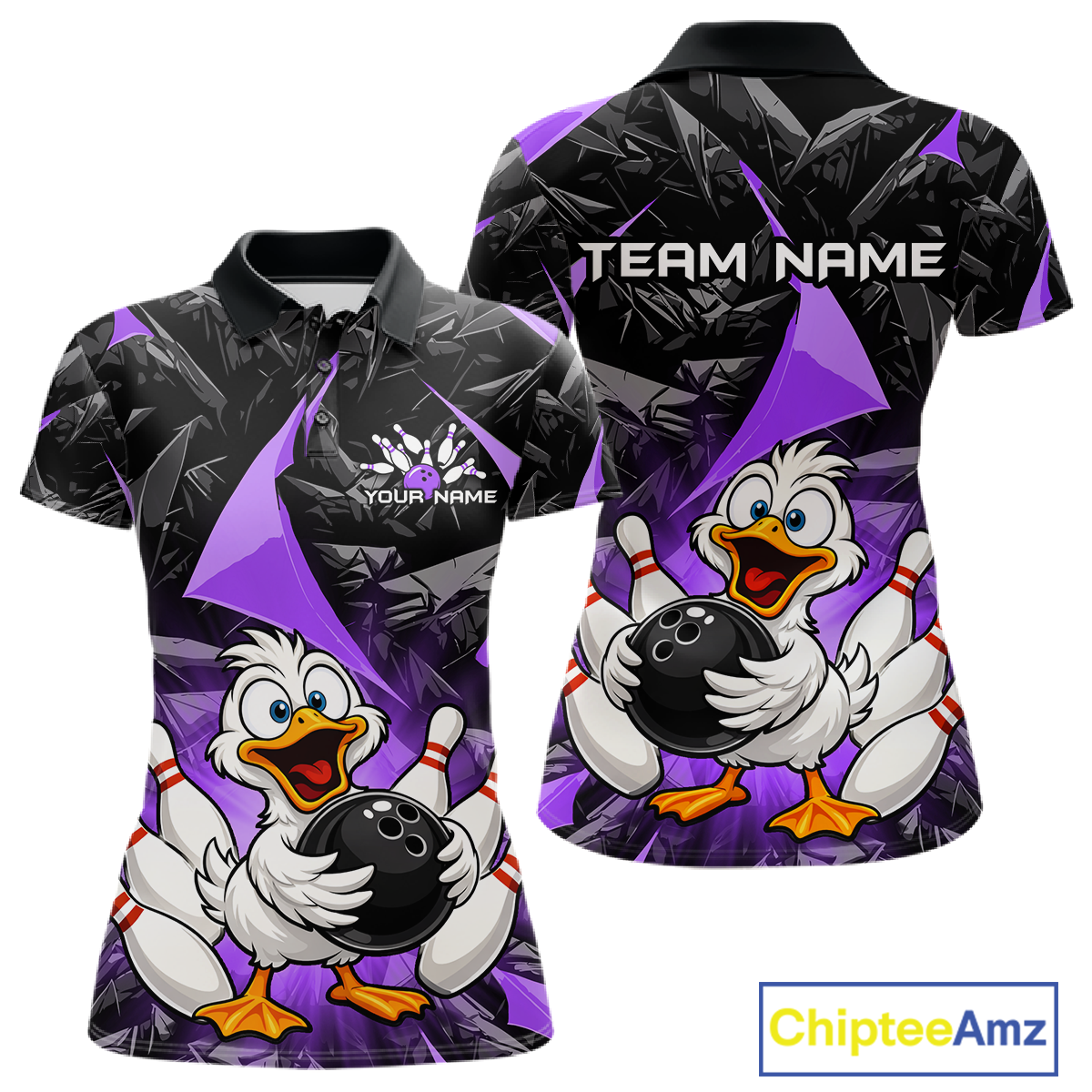 Custom Purple Funny Duck Bowling Jersey for Women Bowling League Bowling Team Shirts Polo & 1/4 Zip HN233