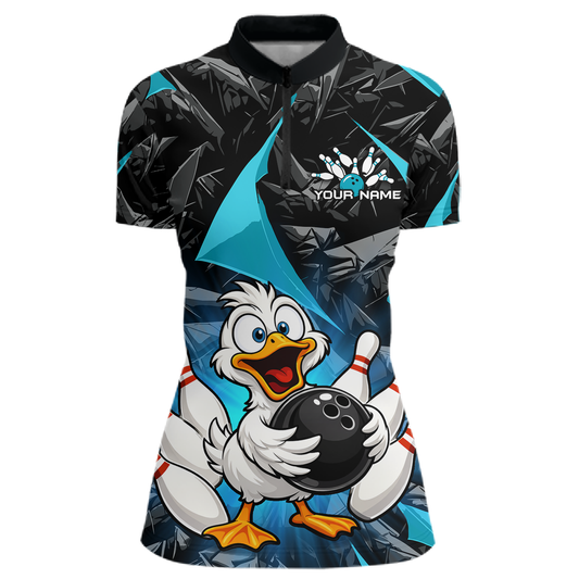 Custom Turquoise Funny Duck Bowling Jersey for Women Bowling League Bowling Team Shirts Polo & 1/4 Zip HN233