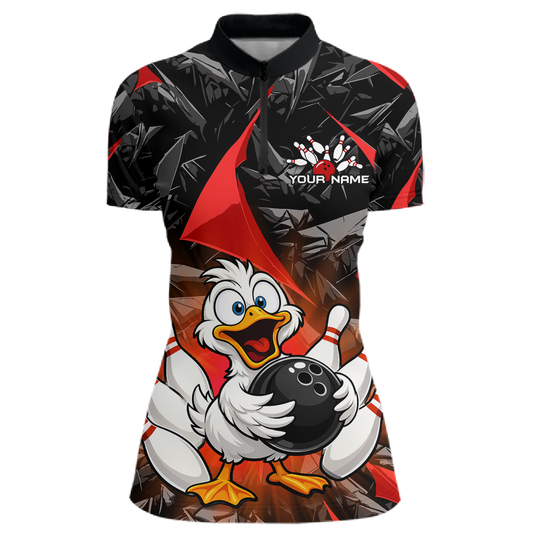 Custom Red Funny Duck Bowling Jersey for Women Bowling League Bowling Team Shirts Polo & 1/4 Zip HN233