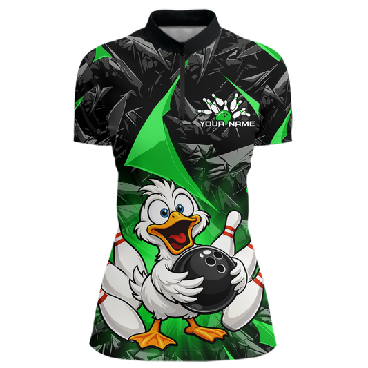 Custom Green Funny Duck Bowling Jersey for Women Bowling League Bowling Team Shirts Polo & 1/4 Zip HN233