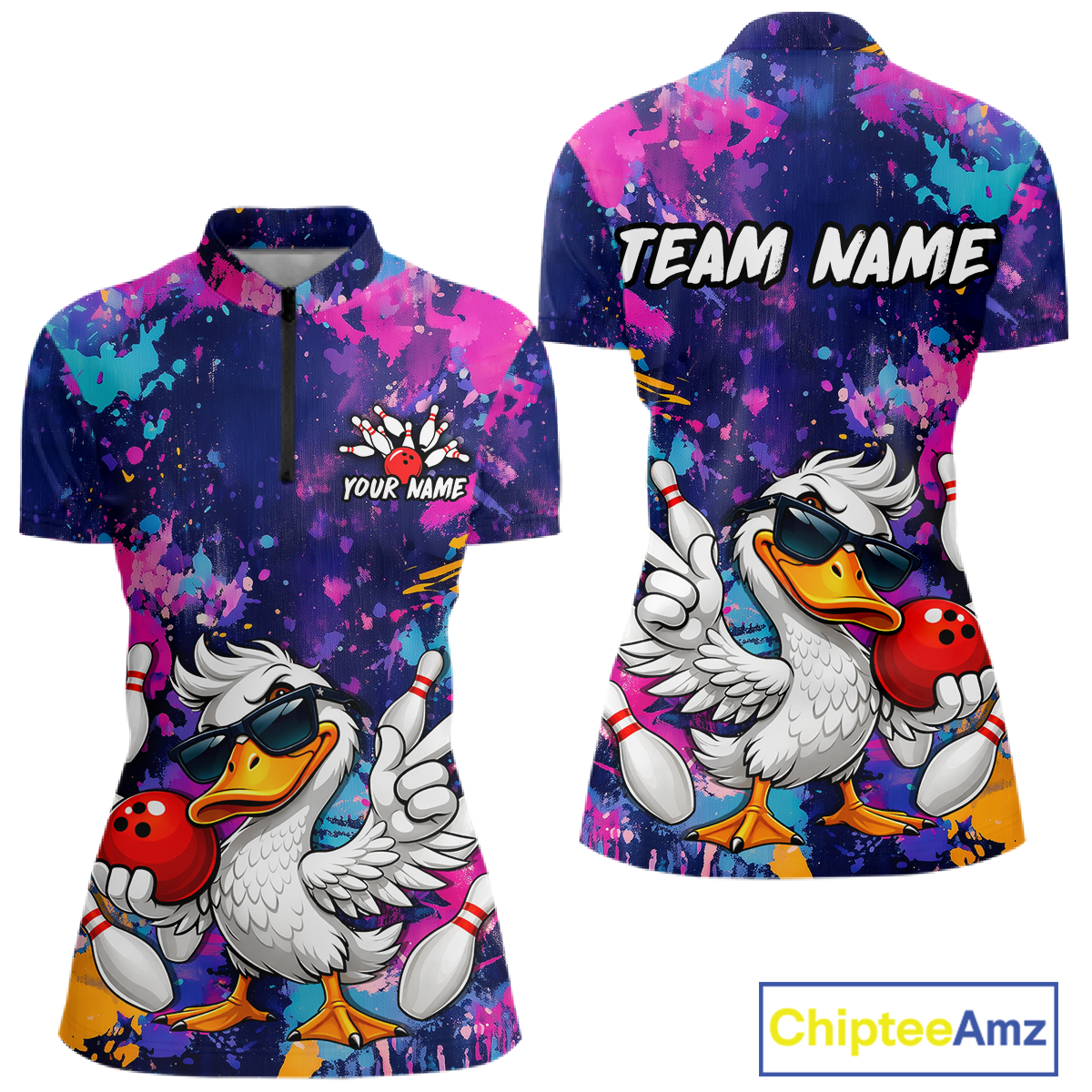 Custom Graffiti Funny Duck Bowling Jersey for Women Bowling League Bowling Team Shirts Polo & 1/4 Zip HN234