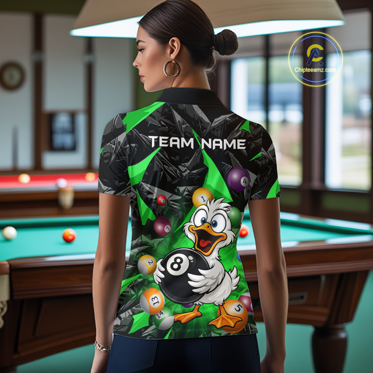 Custom Green Funny Duck 8 Ball Pool Shirts Billiard Shirt for Women Billiard Team Jersey League NNT172