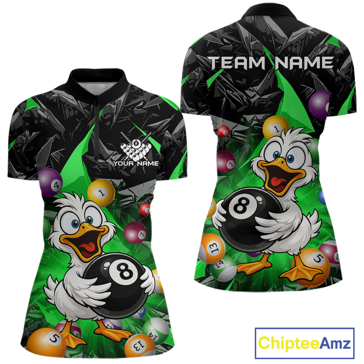 Custom Green Funny Duck 8 Ball Pool Shirts Billiard Shirt for Women Billiard Team Jersey League NNT172