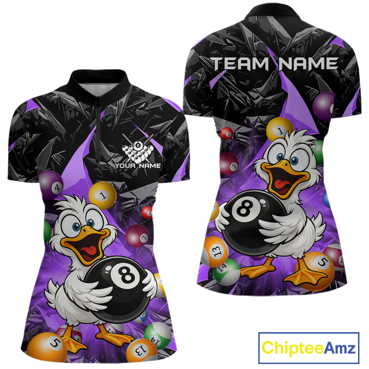 Custom Purple Funny Duck 8 Ball Pool Shirts Billiard Shirt for Women Billiard Team Jersey League NNT172