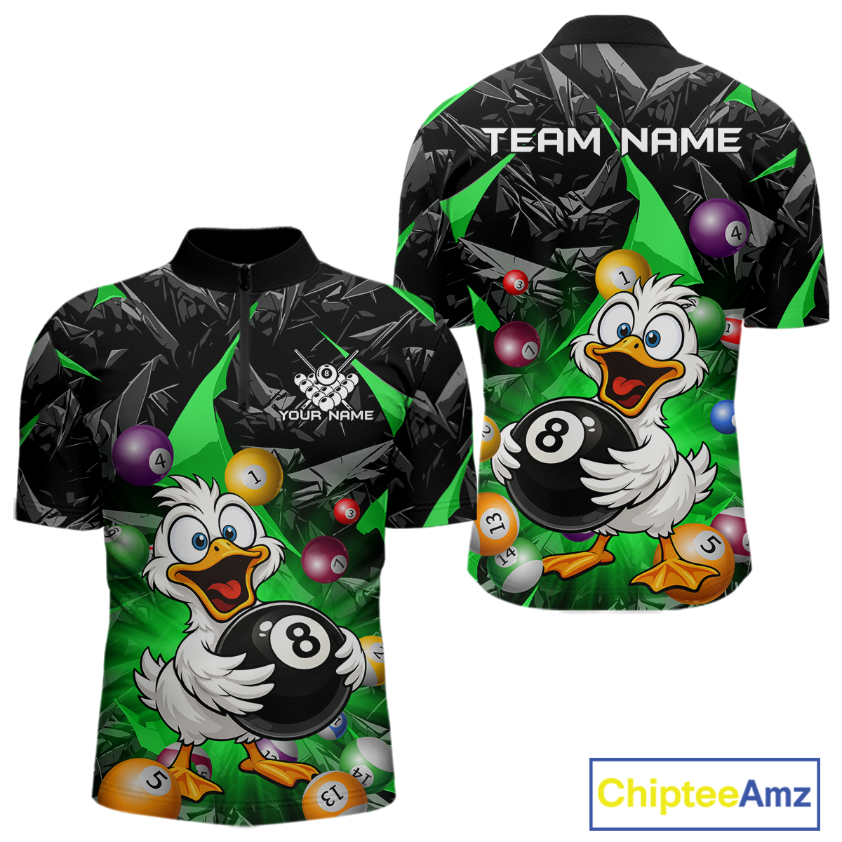 Custom Green Funny Duck 8 Ball Pool Shirts Billiard Shirt for Men Billiard Team Jersey League NNT172