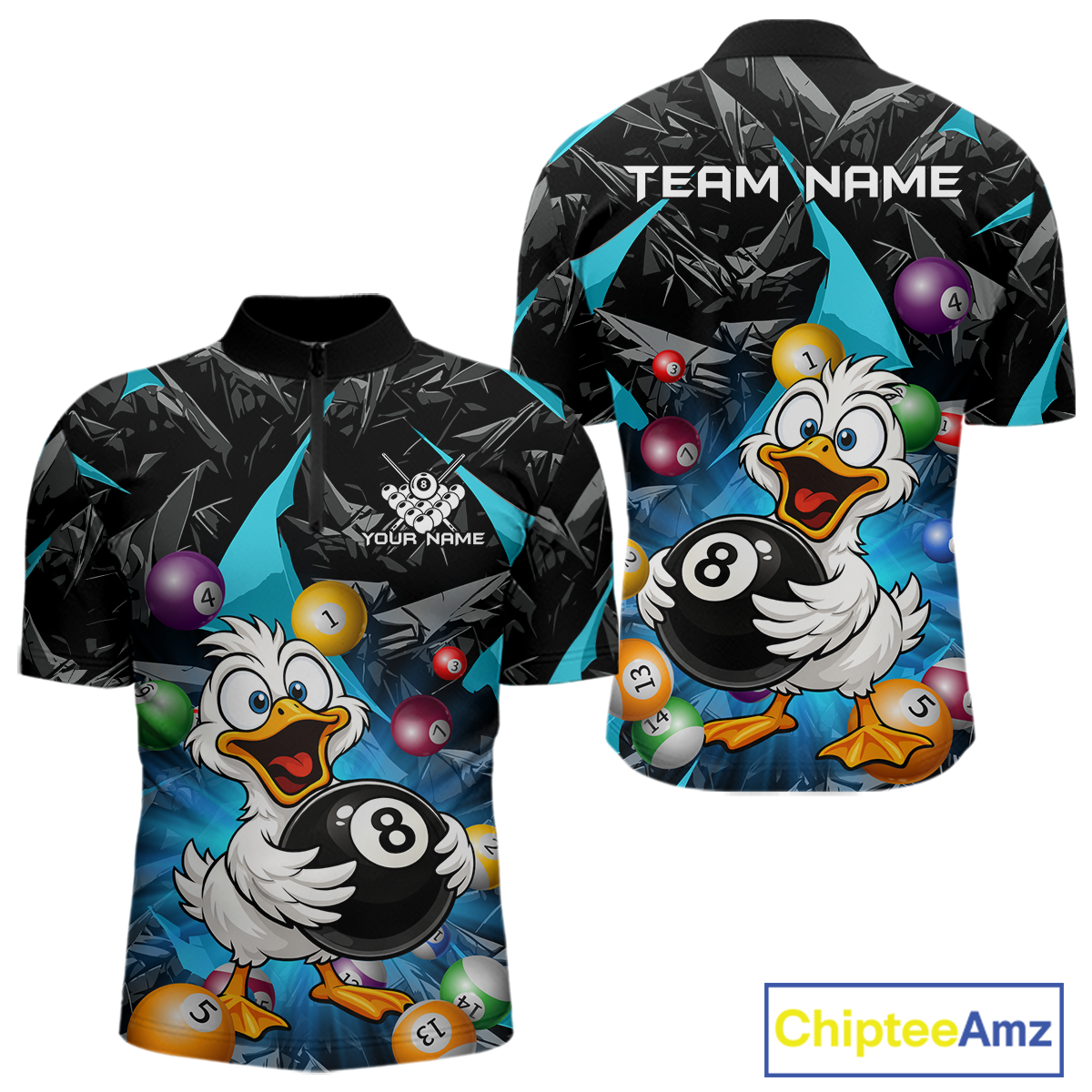Custom Turquoise Funny Duck 8 Ball Pool Shirts Billiard Shirt for Men Billiard Team Jersey League NNT172