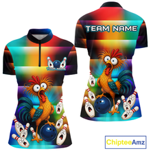 Load image into Gallery viewer, Front and back views of a colorful bowling  quarter zip featuring a shocked rooster chicken, blue bowling ball, surprised pins, and custom team and your text.