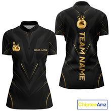 Load image into Gallery viewer, Front and back view personalized bowling quarter zip shirt with a crowned bowling ball accent paired with gold line patterns across a black layout.