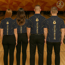 Load image into Gallery viewer, Four people wearing personalized bowling polo shirt with a crowned bowling ball accent paired with gold line patterns across a black layout.