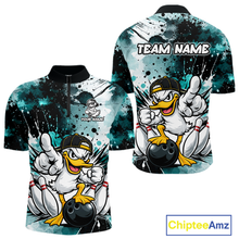 Load image into Gallery viewer, Custom Teal Funny Duck Bowling Jersey for Men Bowling Uniform Polo &amp; 1/4 Zip Bowling Team Shirts HNT237
