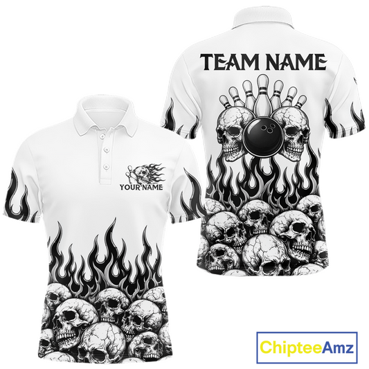 Custom Skull Flame Bowling Jersey for Men Bowling Team Shirts Bowling League Polo & 1/4 Zip HNT305