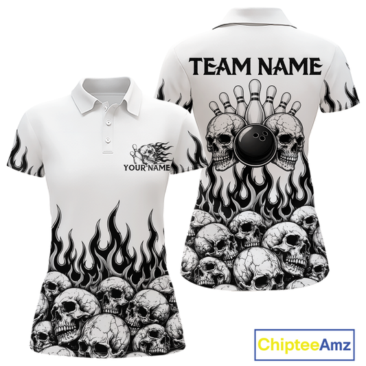 Custom Skull Flame Bowling Jersey for Women Bowling Team Shirts Bowling League Polo & 1/4 Zip HNT305