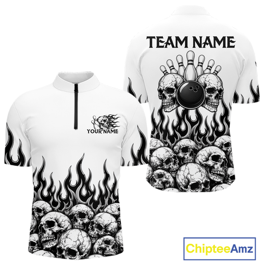 Custom Skull Flame Bowling Jersey for Men Bowling Team Shirts Bowling League Polo & 1/4 Zip HNT305