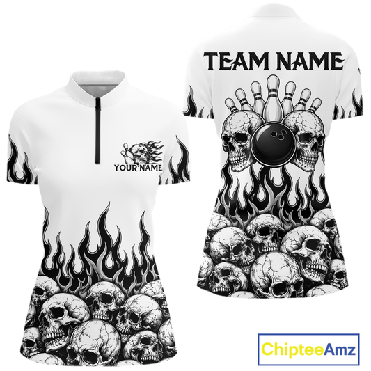 Custom Skull Flame Bowling Jersey for Women Bowling Team Shirts Bowling League Polo & 1/4 Zip HNT305