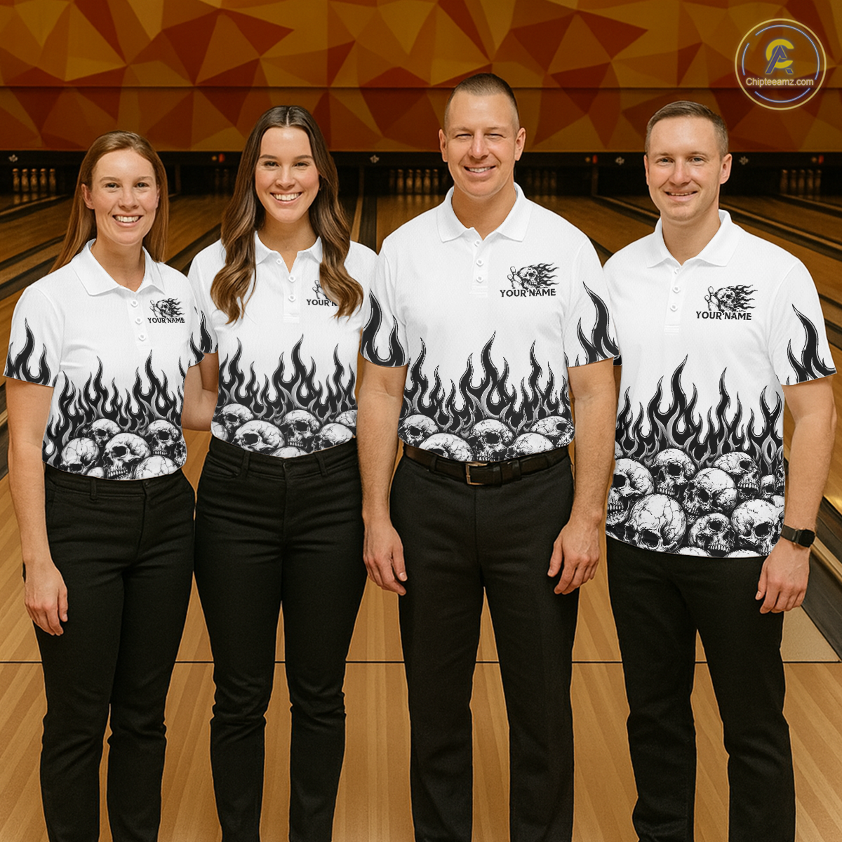 Custom Skull Flame Bowling Jersey for Women Bowling Team Shirts Bowling League Polo & 1/4 Zip HNT305