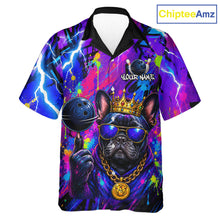 Load image into Gallery viewer, Front view personalized bowling hawaiin shirt with a crowned dog holding a bowling ball, surrounded by paint effects and bold graphic patterns.