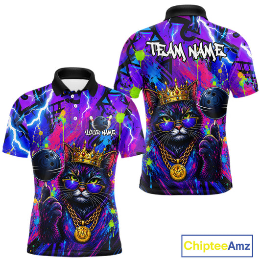 Front and back view personalized bowling polo shirt with a crowned cat holding a bowling ball, blended with colorful paint strokes and graphic patterns.