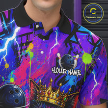 Load image into Gallery viewer, Personalized bowling polo shirt with a crowned cat holding a bowling ball, blended with colorful paint strokes and graphic patterns.