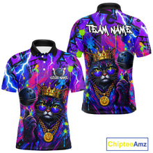 Load image into Gallery viewer, Front and back view personalized bowling polo shirt with a crowned cat holding a bowling ball, blended with colorful paint strokes and graphic patterns.